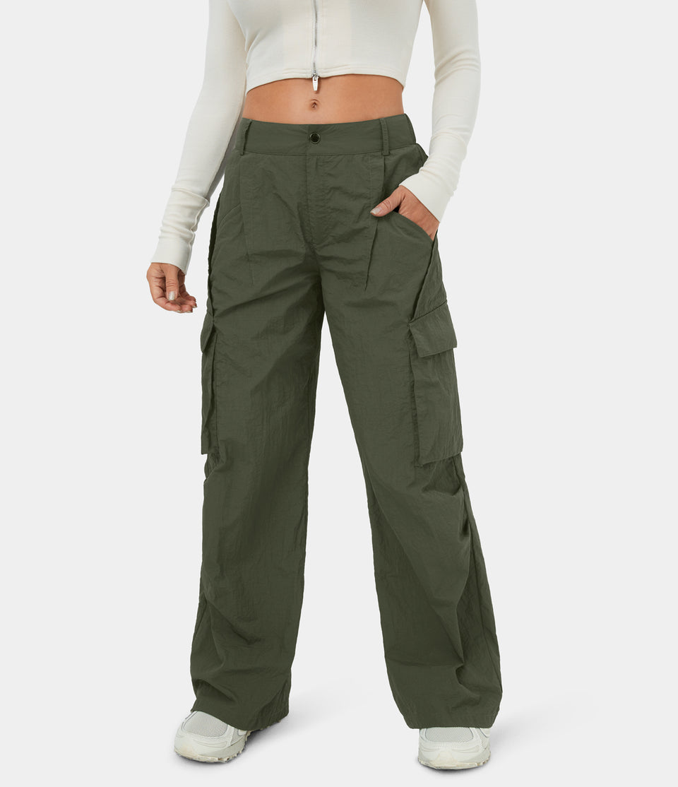 Low Rise Button Zipper Side Pocket Wide Leg Casual Cargo Pants