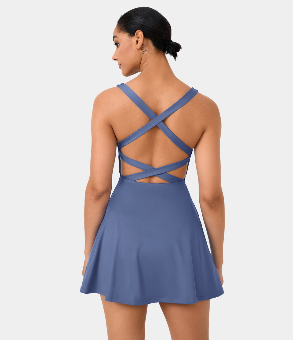 Crisscross Backless Flare 2-Piece Pocket Dance Active Dress