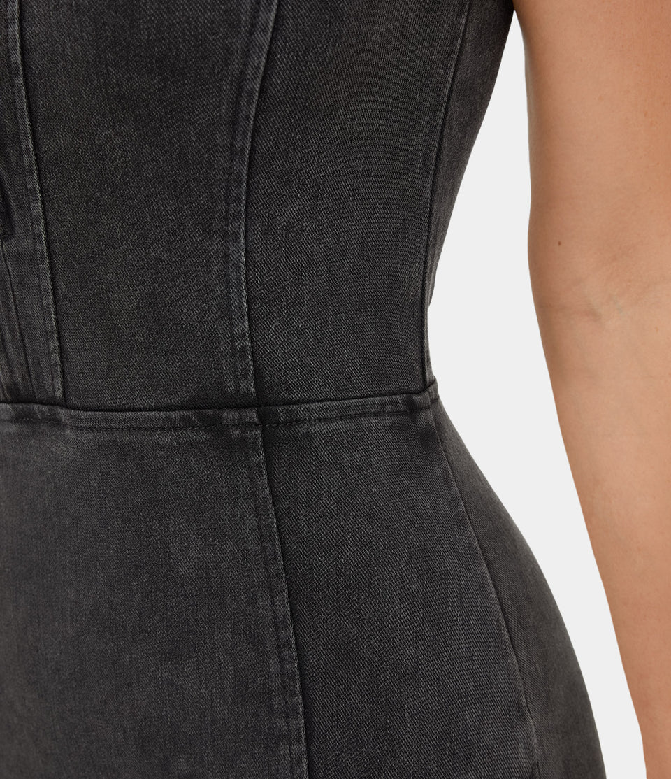 HalaraMagic™ Half Zip Sleeveless Split Hem Backless Bodycon Stretchy Knit Denim Mini Casual Dress