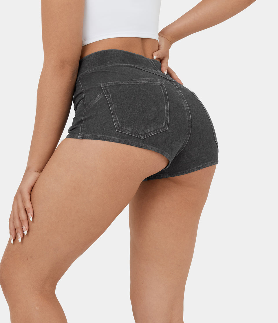 HalaraMagic™ High Waisted Multiple Pockets Cool Touch Breathable Washed Stretchy Knit Denim Casual Shorts 2''