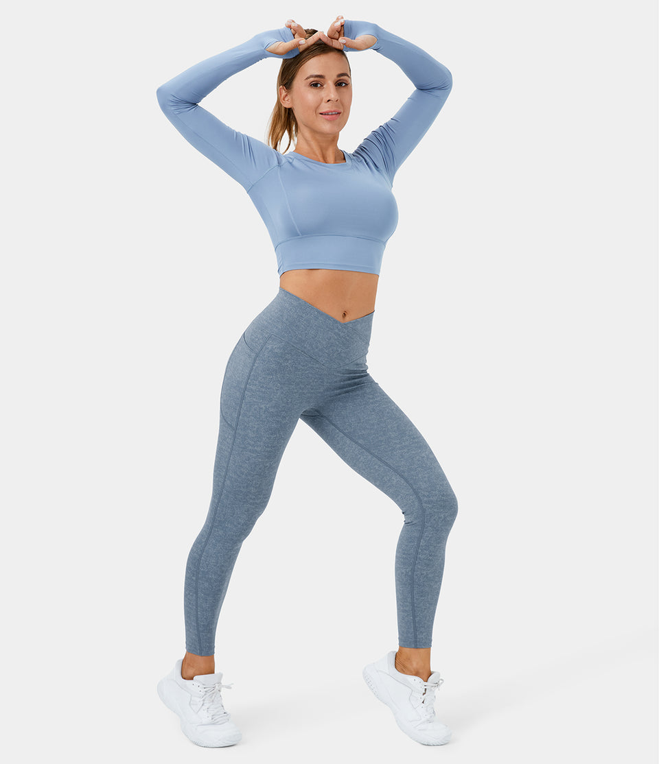 Crossover Side Pocket Stretchy Denim Print Yoga Leggings