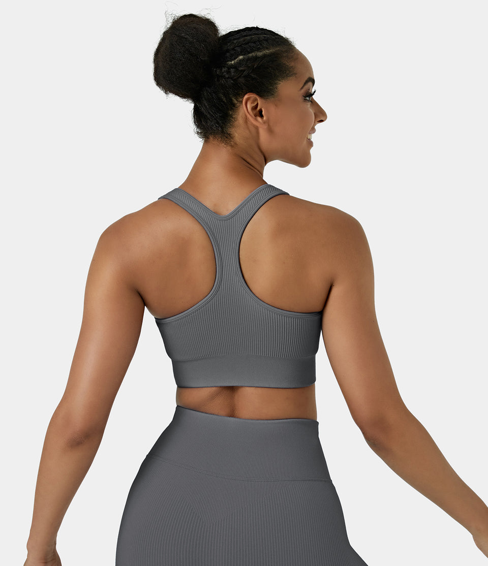 Seamless Flow Low Support Ribbed Knit Zip Front Sports Bra