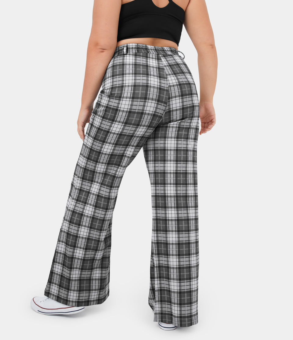 High Waisted Plaid Plus Size Wide Leg Casual Pants