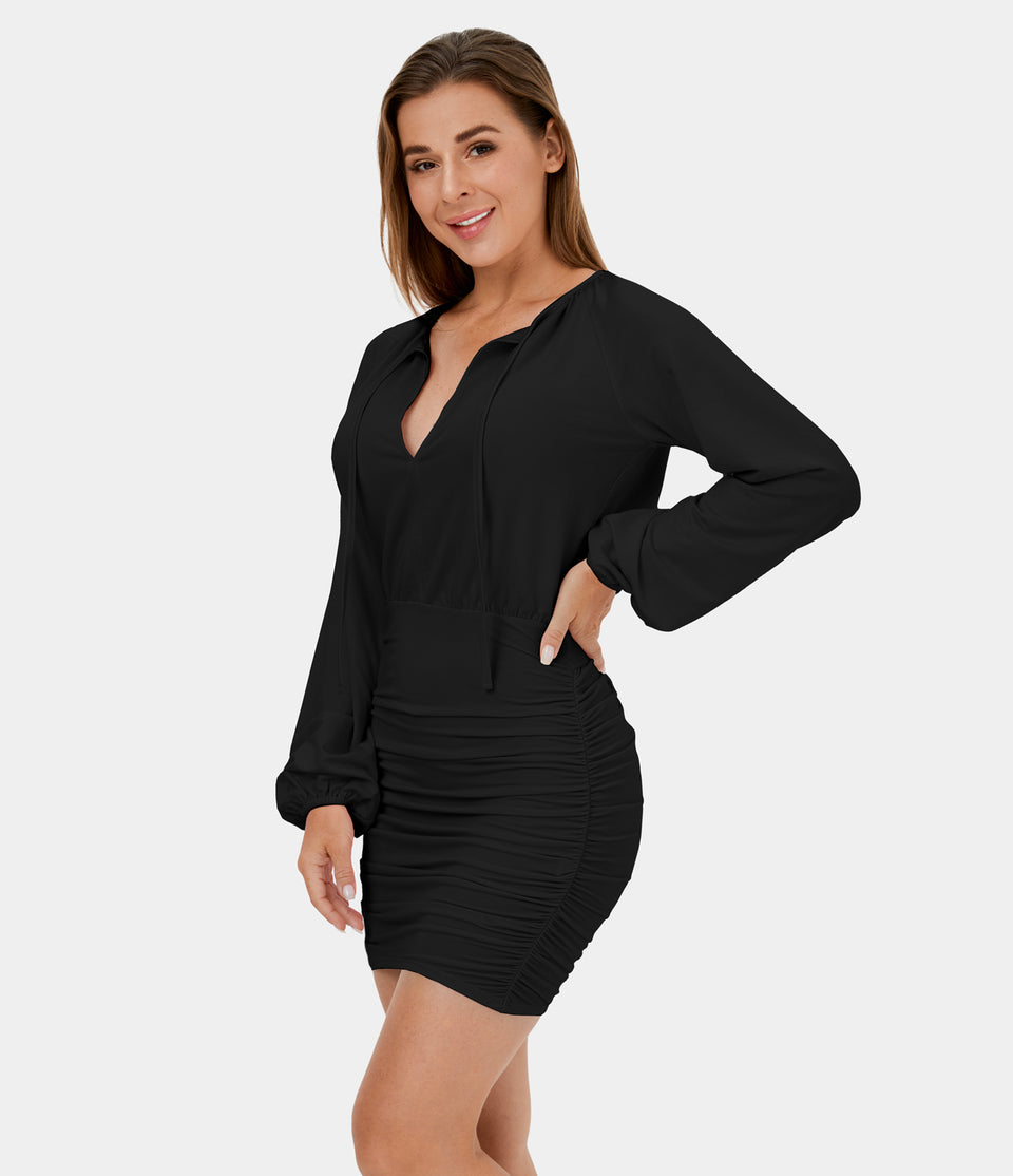 Knot Tie Back Cut Out Ruched Bodycon Mini Casual Dress