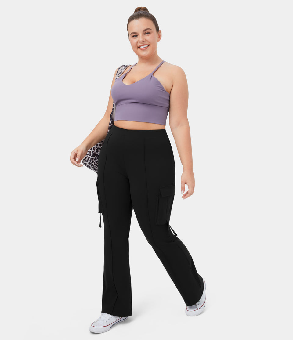 High Waisted Side Flap Pocket Cargo Flare Casual Plus Size Leggings