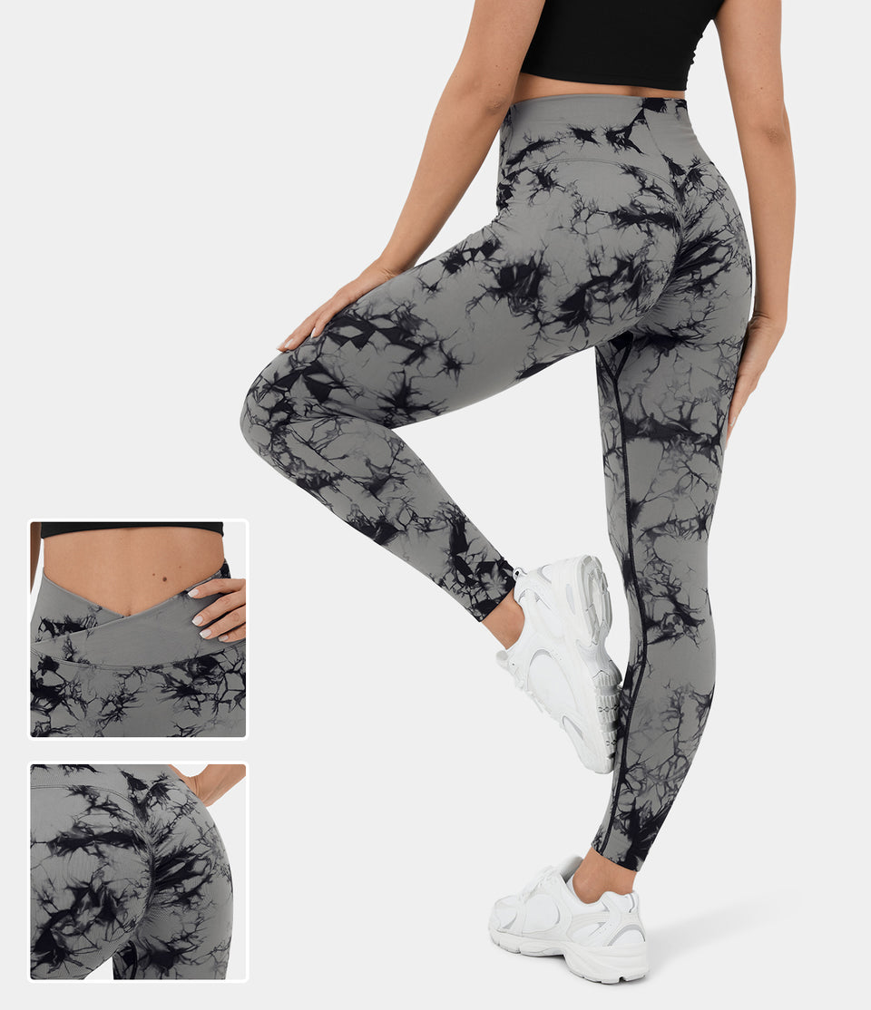 Seamless Flow High Waisted Crossover Ruched Tie Dye Yoga Leggings