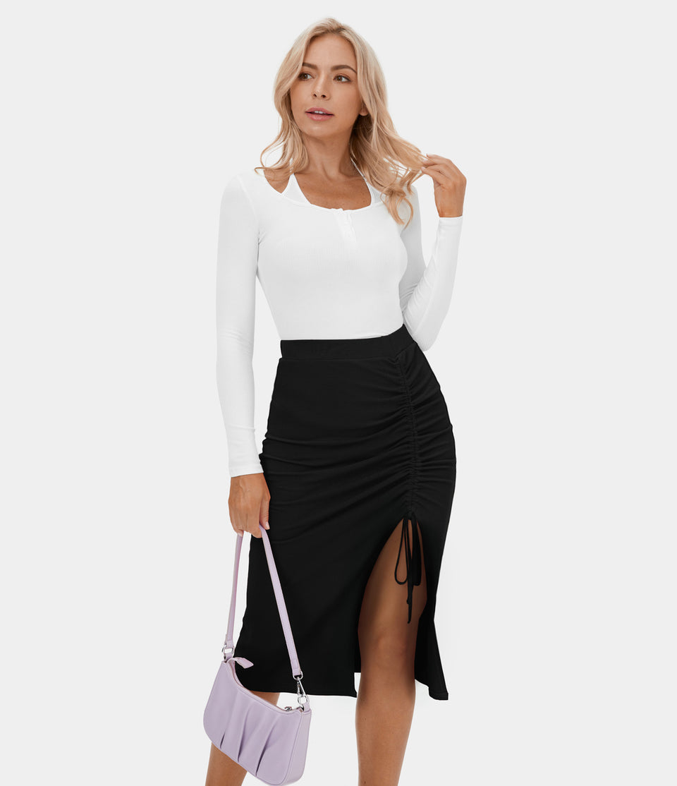 Ribbed Knit Solid Ruched Drawstring Split Bodycon Midi Casual Skirt