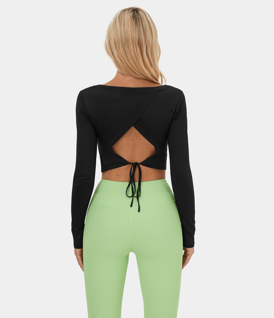 Long Sleeve Backless Cut Out Tie Back Cropped Barre Ballet Dance Sports Top