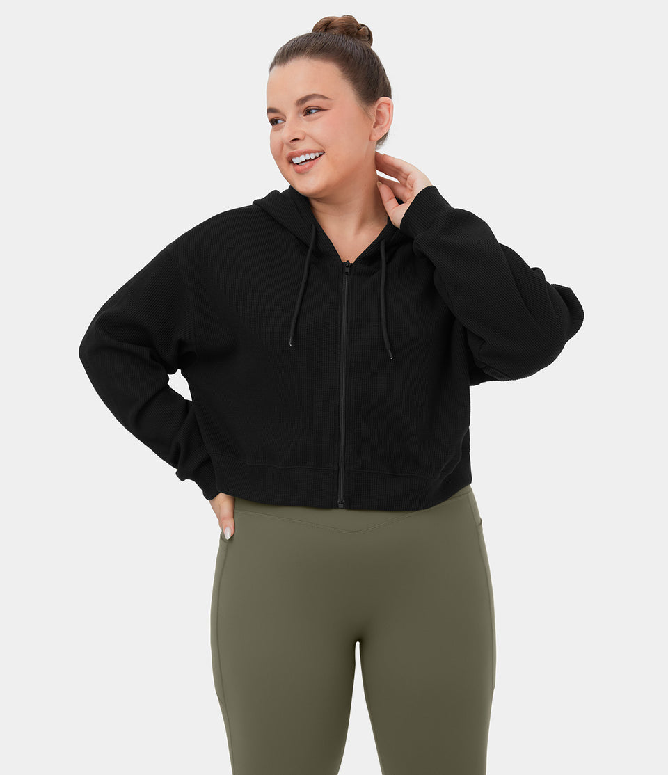 Waffle Hooded Drawstring Zipper Plus Size Cropped Casual Cotton Sports Sweatshirt