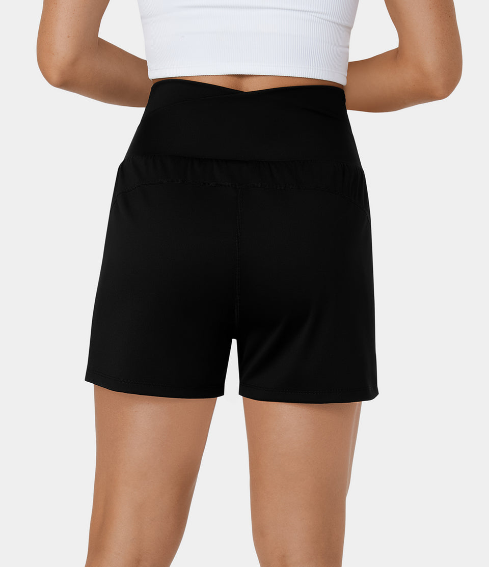 High Waisted Crossover Side Pocket 2-in-1 Casual Shorts