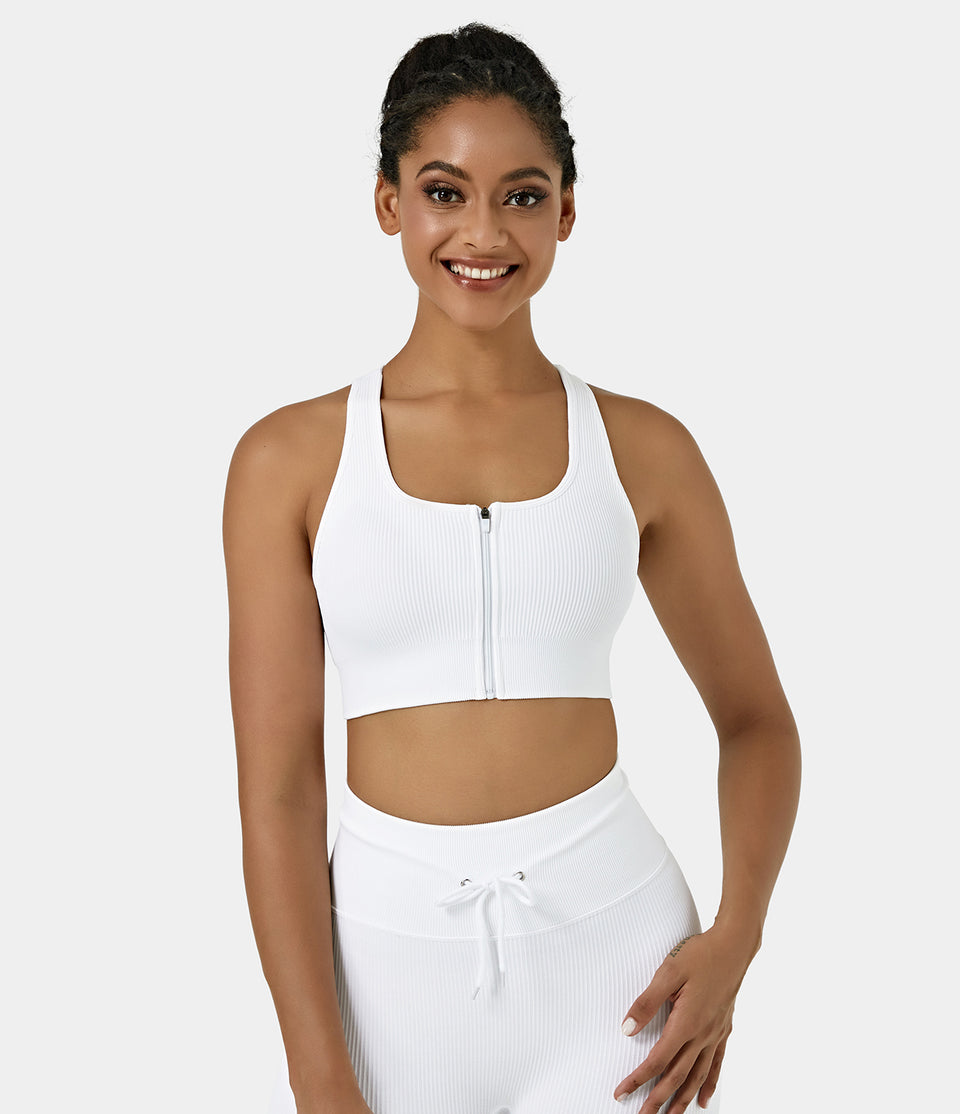 Seamless Flow Low Support Ribbed Knit Zip Front Sports Bra